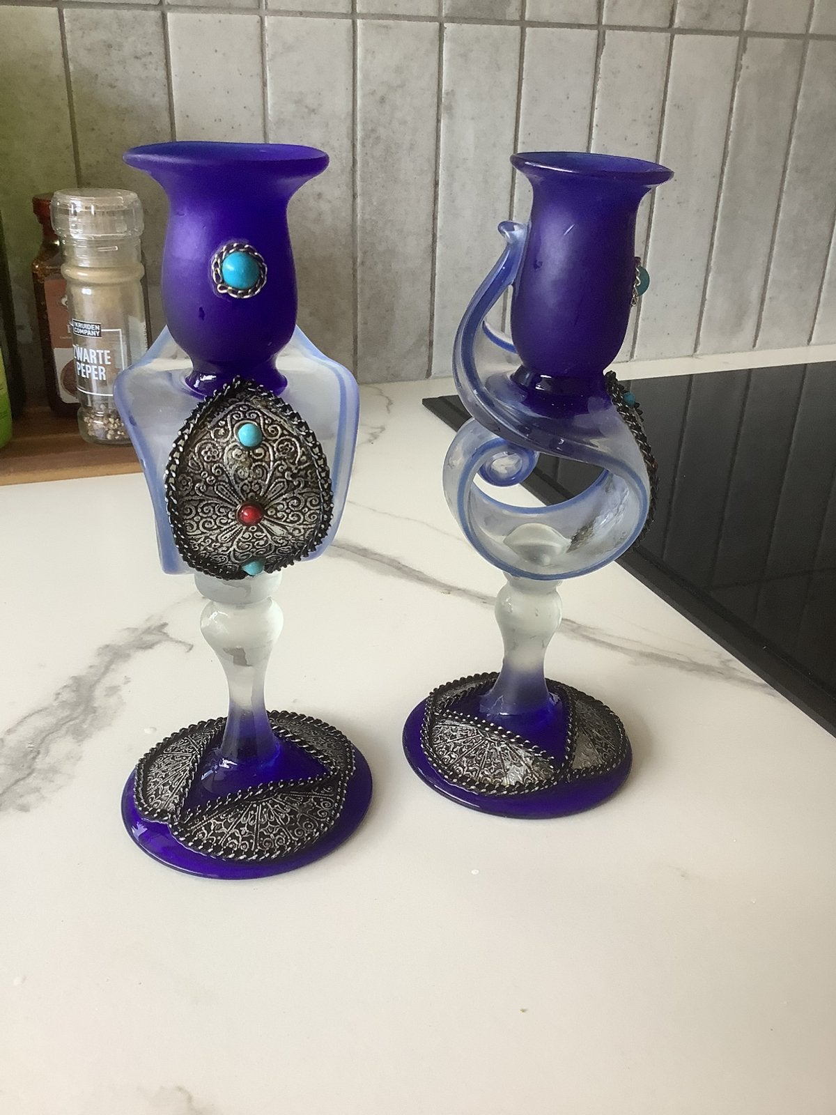2 vintage kobaltblauwe kandelaars, Ophalen of Verzenden