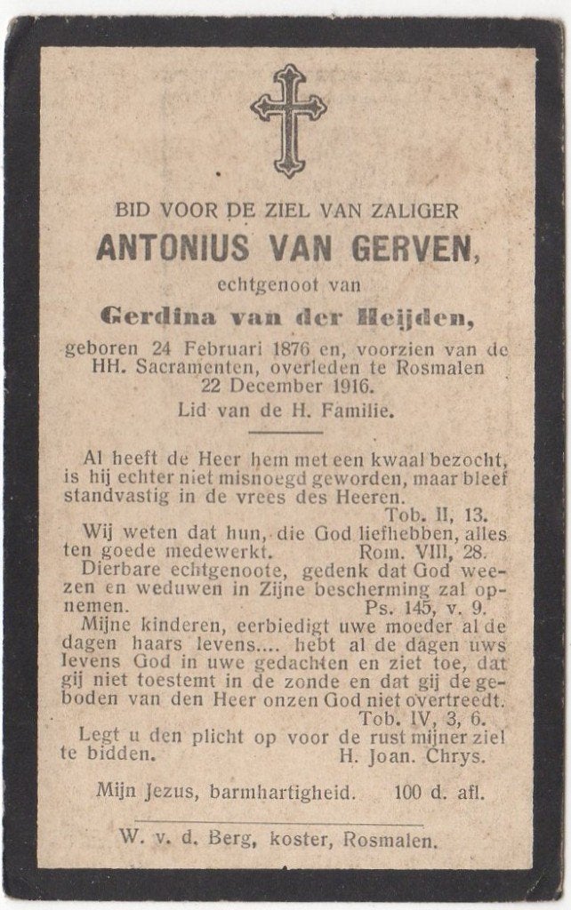 Antonius van Gerven 1876 - 1916 Rosmalen, 40 jaar oud, Verzenden