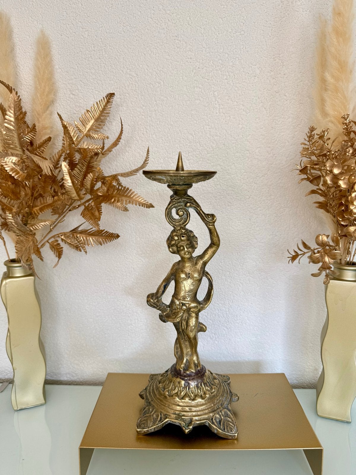 Antieke Franse Messing Cherubijn Kandelaar, Antiek en Kunst, Ophalen, Koper of Brons