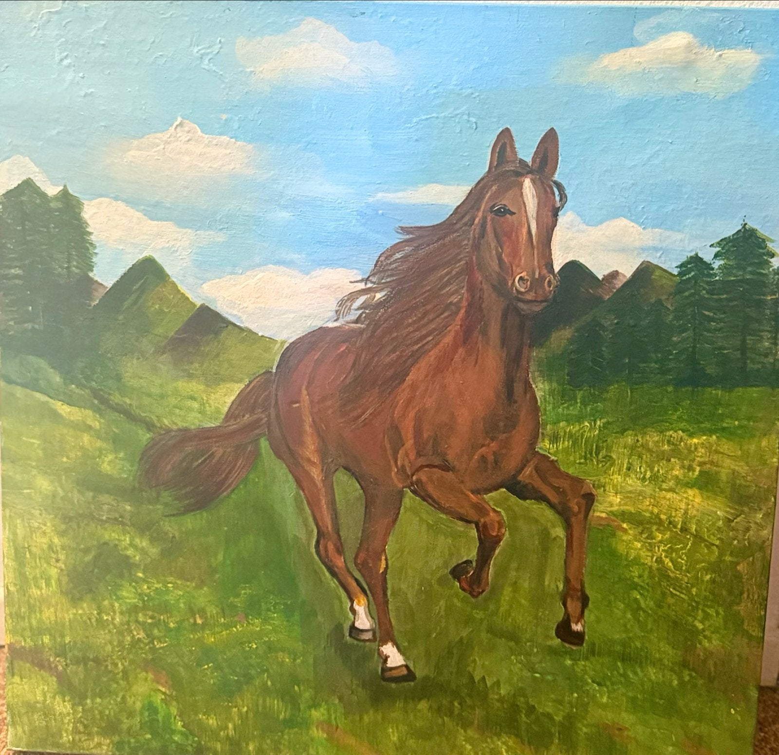 Schilderij van galopperend paard in berglandschap, Ophalen, Doek, Realistisch, Dieren