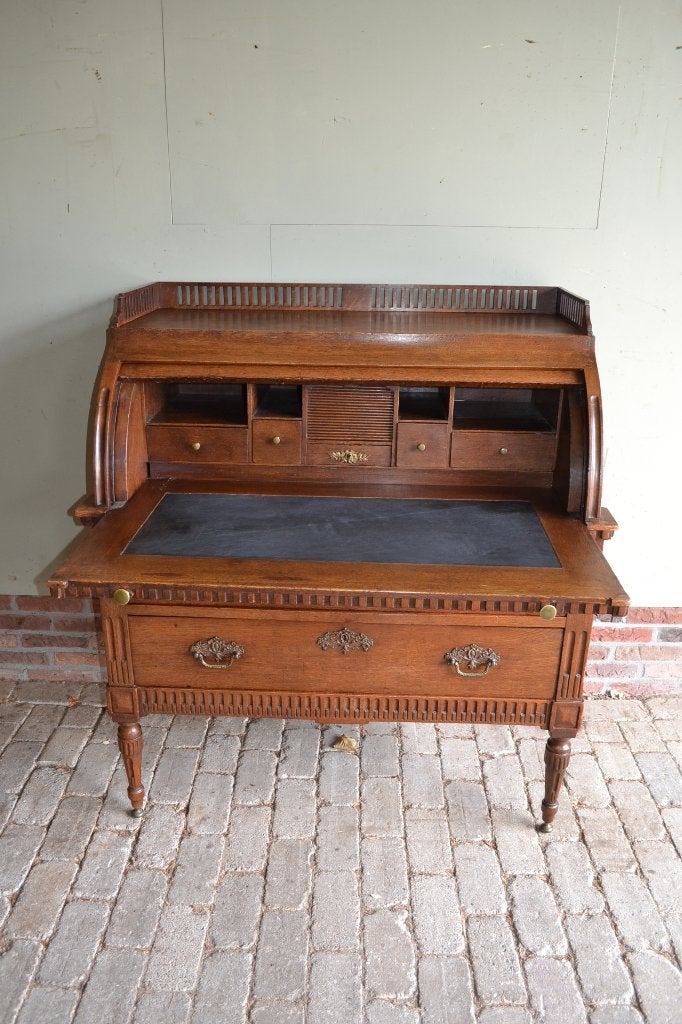 Prachtig antiek eiken houten cylinderbureau, secretaire., Verzenden