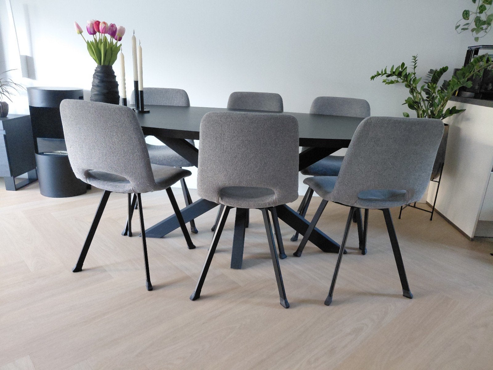 Grijze eetkamerstoelen 6 stuks met lichte beschadigingen, Ophalen, Gebruikt, Vijf, Zes of meer stoelen, Stof