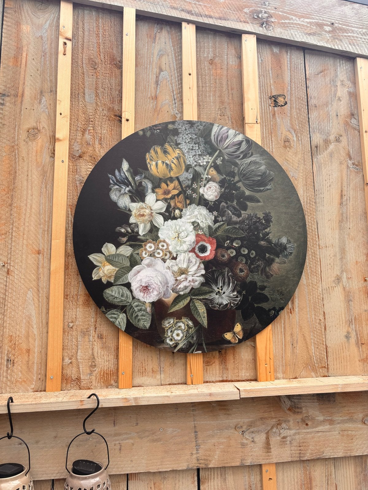 Ronde Muurdecoratie met Bloemenprint - Vintage Stijl, Hout, Ophalen of Verzenden, Met ophangsysteem, Meerkleurig