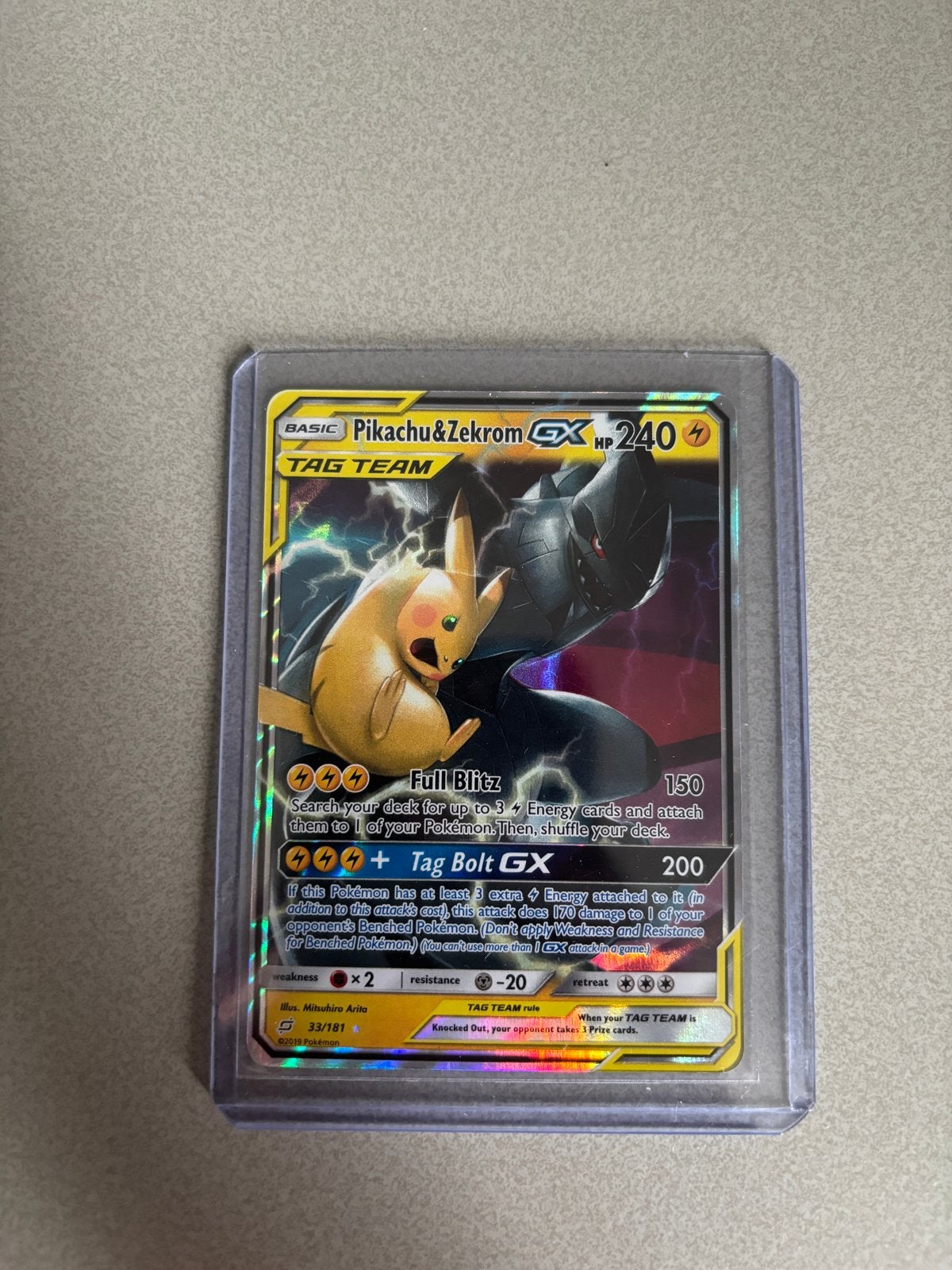 Pikachu Zekrom GX Tag Team - Perfecte Centering, Ophalen of Verzenden, Zo goed als nieuw, Losse kaart, Foil
