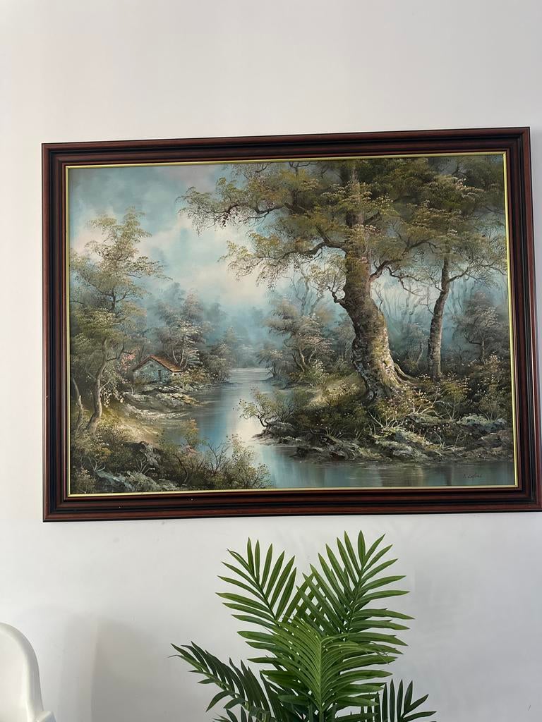 Schilderij Irene Cafieri. met boslandschap en rivier, Ophalen of Verzenden