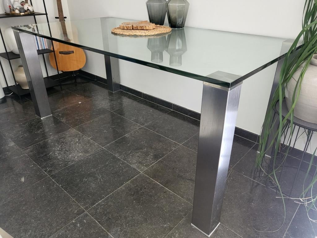 Glazen eettafel met RVS poten - Modern design, Huis en Inrichting, Tafels | Eettafels, Ophalen, Gebruikt, 100 tot 150 cm, Modern, Industrieel