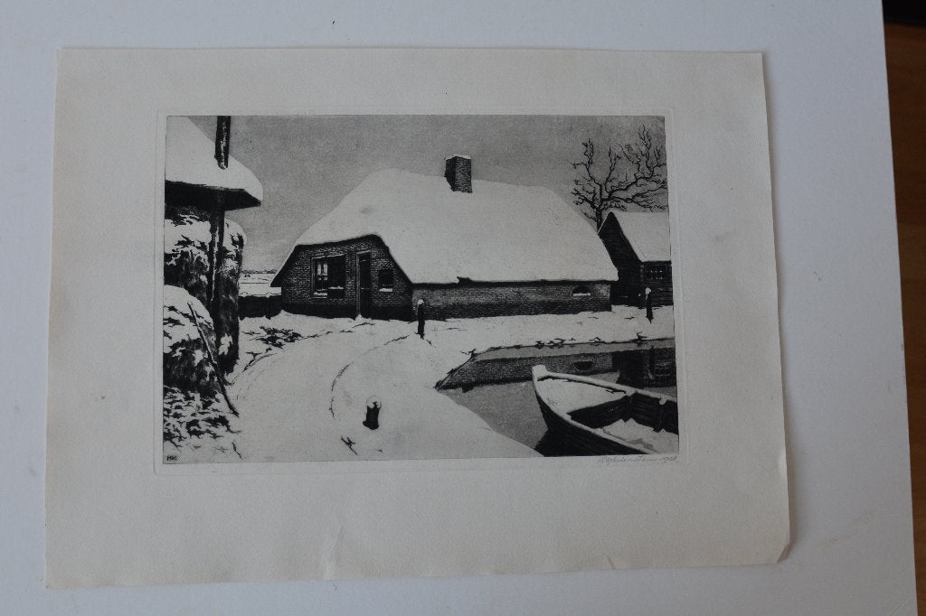 H. IJKELENSTAM WINTER ETS en AQUATINT BOERENHOEVE 1928 GB1, Ets, Origineel, Ophalen of Verzenden, 31 cm
