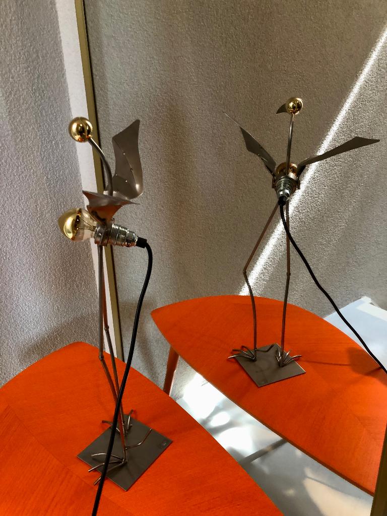 Vintage tafellamp gold Bird Vogel by Stubenrauch 2 stuks, Ophalen of Verzenden, Zo goed als nieuw, Glas, 50 tot 75 cm