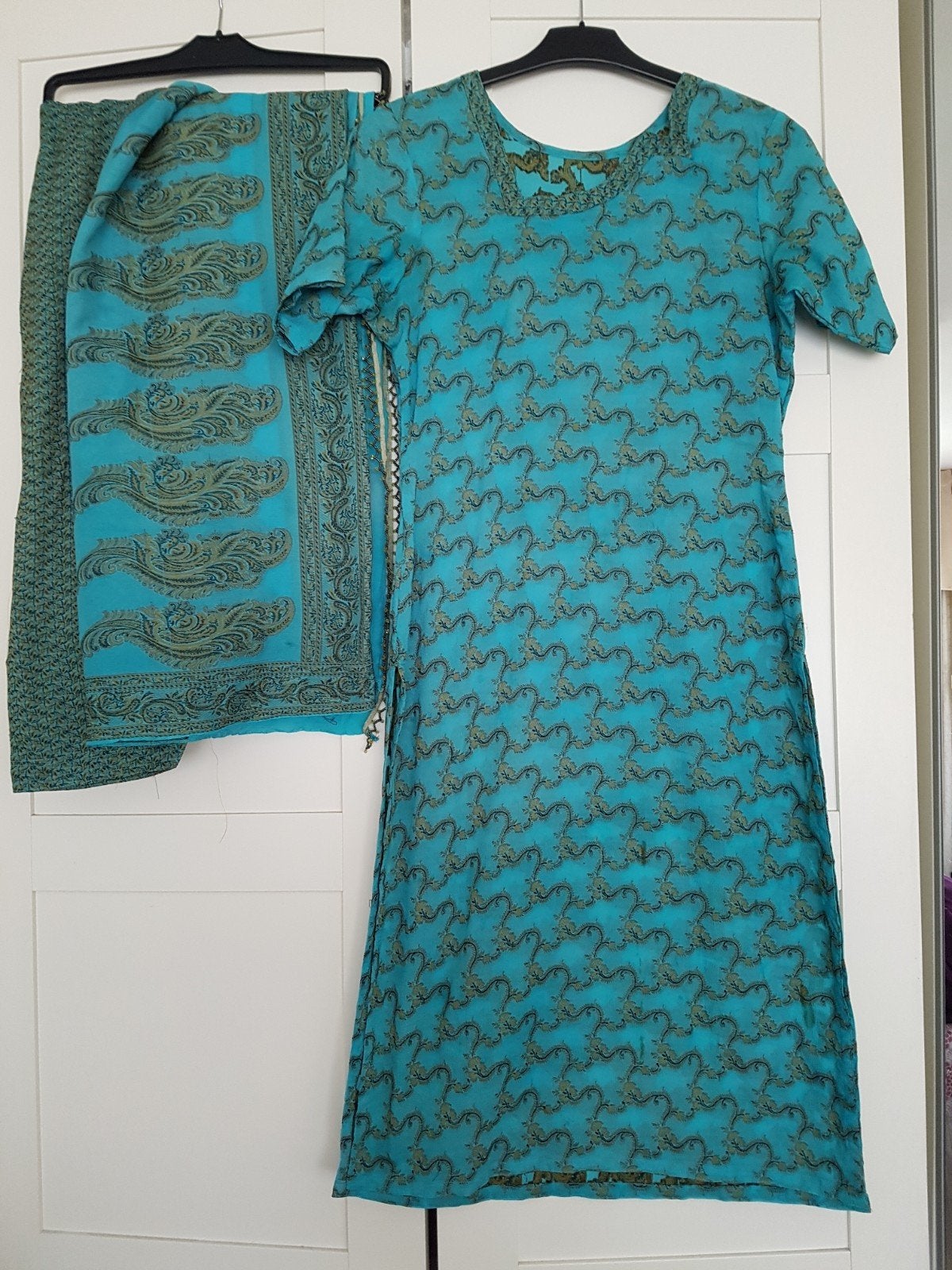 Turquoise Indiase Salwar Kameez sjaal met Patroon, Blauw, Ophalen of Verzenden, Maat 36 (S), Onbekend