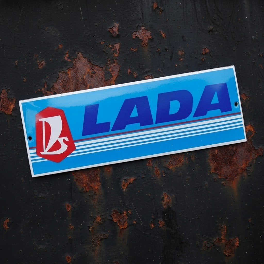 Emaille Reclamebord LADA Auto Dealer Vintage Plaat DDR Era, Verzamelen, Verzenden, Gebruikt, Reclamebord