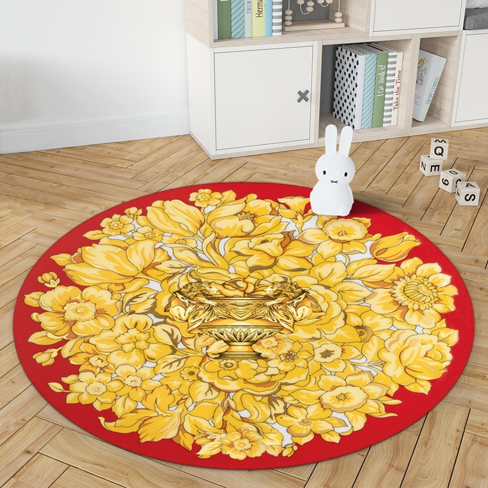 Rood Goud Bloemen Barok Rond Vloerkleed Kleed Tapijt Luxe, Verzenden, Rond, Nieuw, Rood