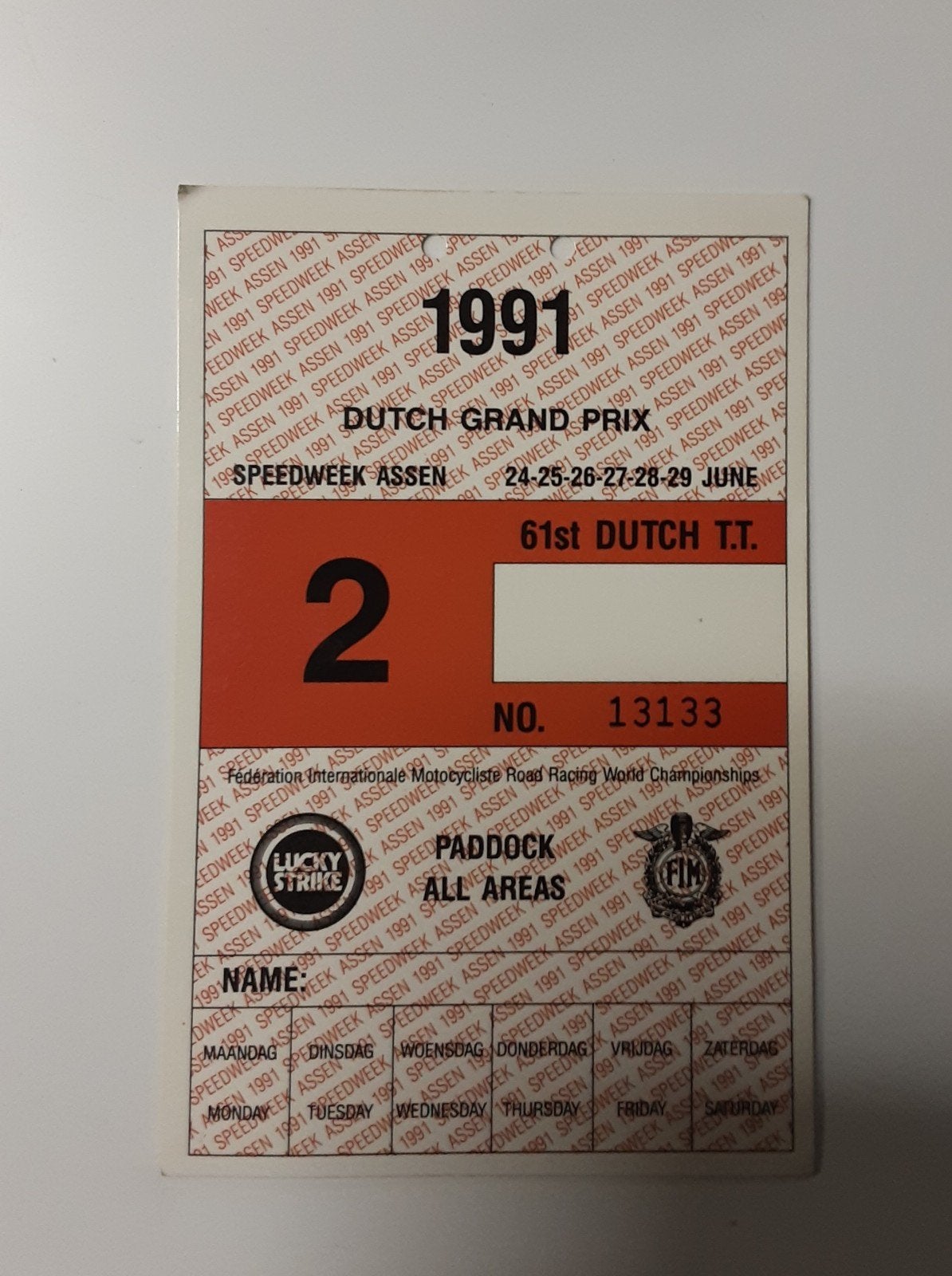 1991 DUTCH TT GRAND PRIX  All Areas Paddock pas Speedweek, Ophalen of Verzenden, Motoren