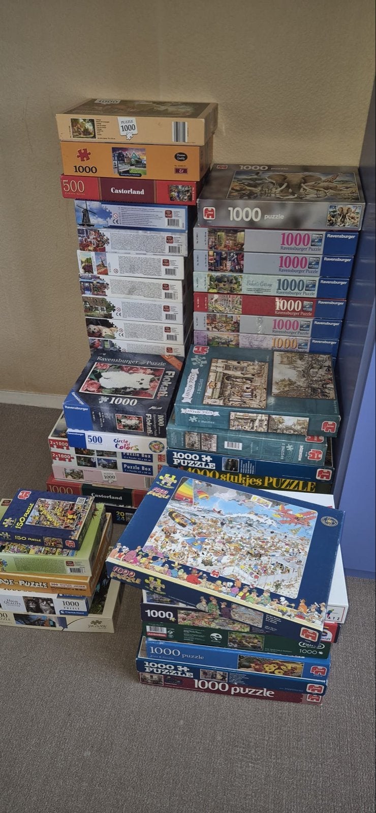 Grote collectie van 60 legpuzzels (500 & 1000 stukjes), Hobby en Vrije tijd, Ophalen, 500 t/m 1500 stukjes, Zo goed als nieuw