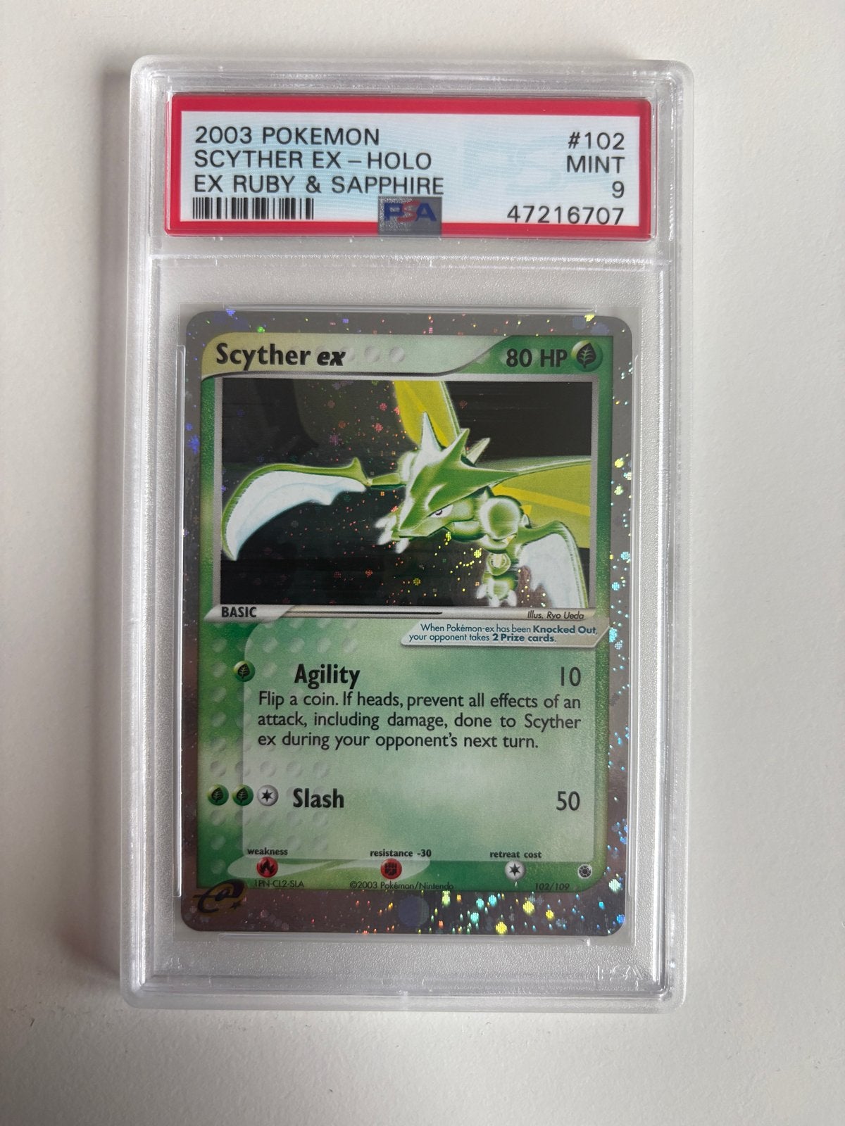 Scyther ex #102 PSA 9, Hobby en Vrije tijd, Ophalen of Verzenden, Zo goed als nieuw, Losse kaart, Foil