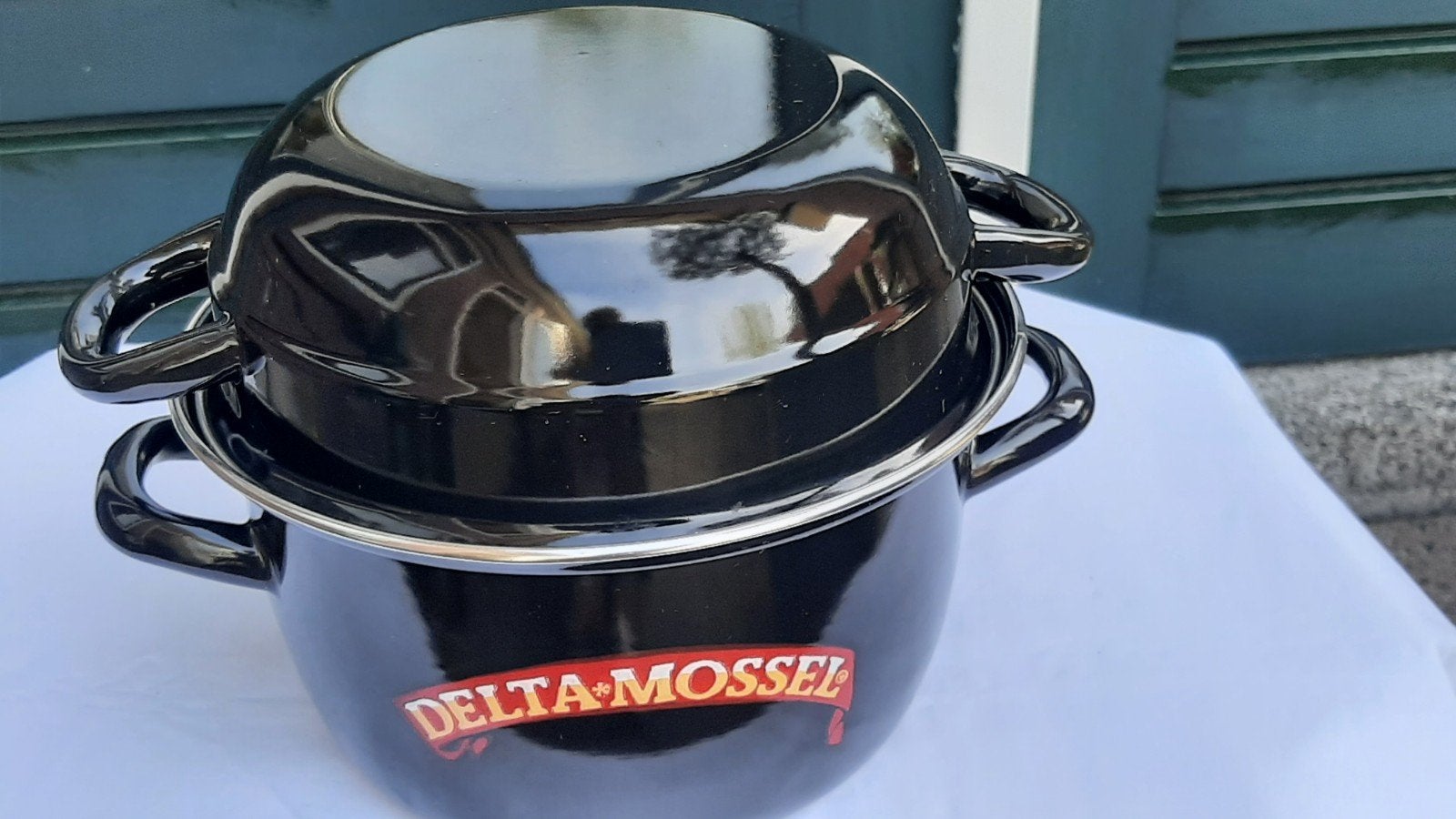 Twee persoons emaille pan - Delta Mossel, Gebruikt, Met deksel, Ophalen of Verzenden, Kookpan