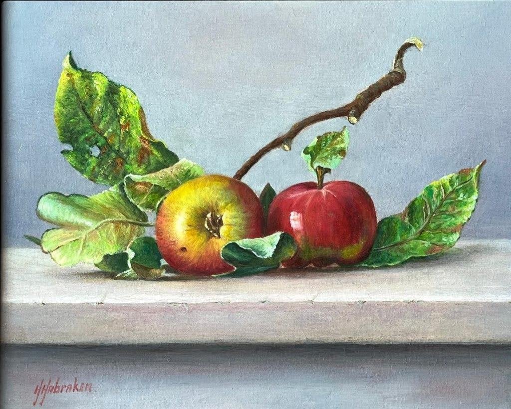 Schilderij stilleven appels op tafel. Hans Habraken., Ingelijst, Paneel, Realistisch, Stilleven