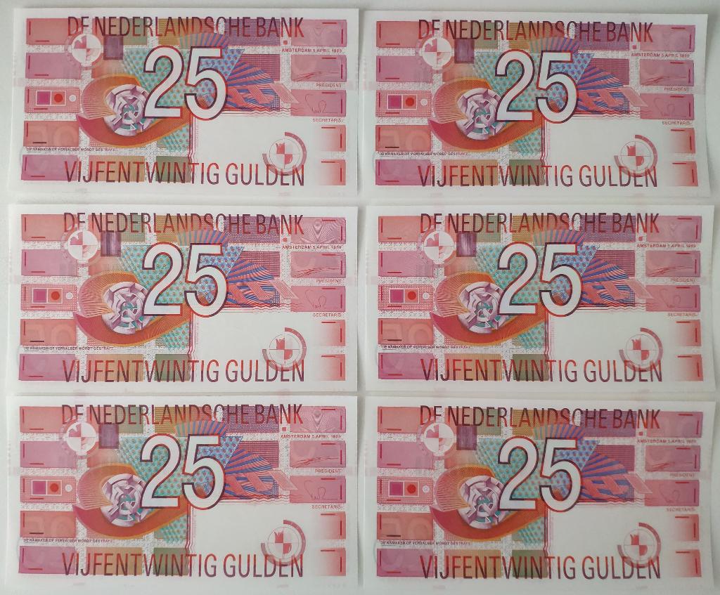 Bankbiljetten 6x 25 gulden 1989 opvolgende nummers UNC, Postzegels en Munten, Bankbiljetten | Nederland, Ophalen, 25 gulden
