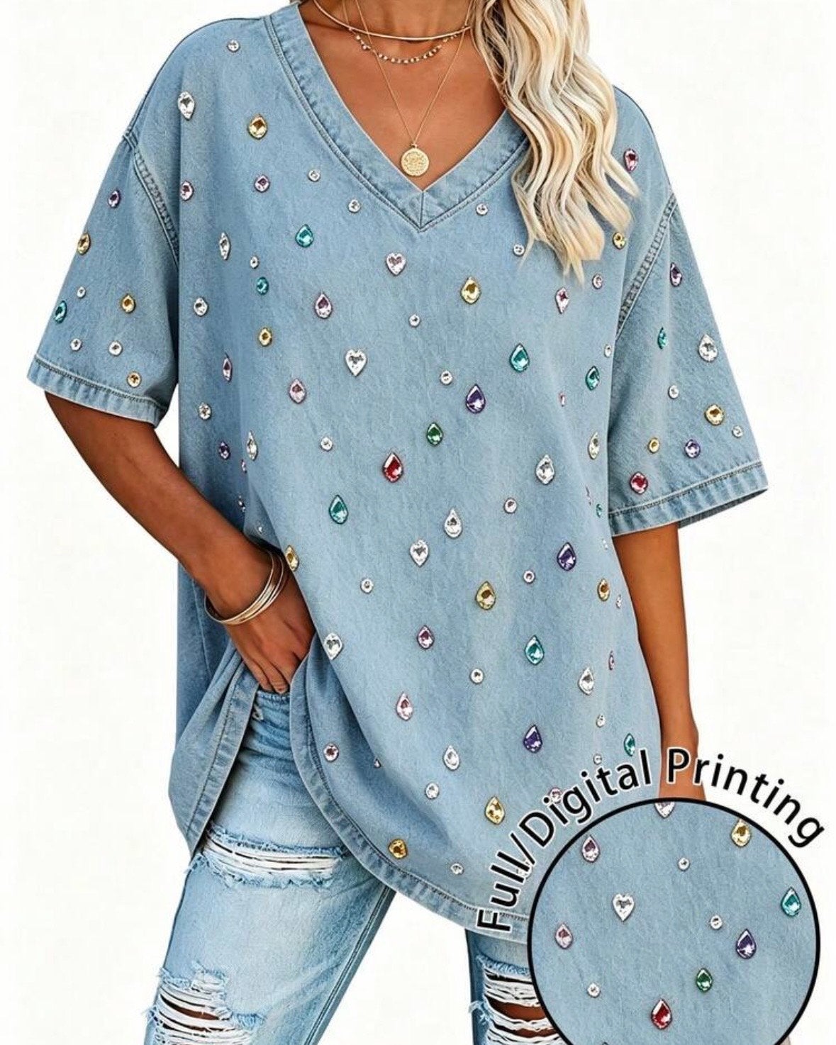 Denim T-shirt met Edelstenen (44-52), Kleding | Dames, Verzenden, Nieuw, Blauw, Shirt of Top