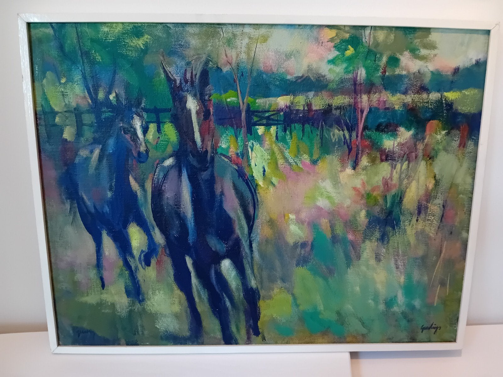 vintage schilderij 'Rennende Paarden', Gesigneerd, Ophalen of Verzenden, Dieren, Olieverf