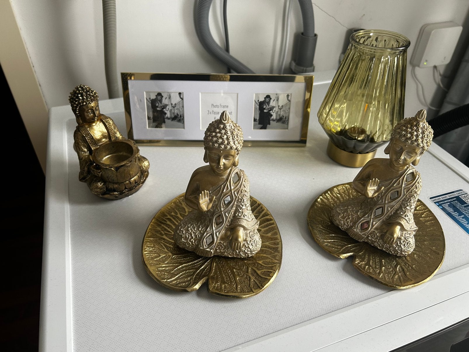 Decoratieset goud boeddha/fotolijst/ledlamp, nooit gebruikt., Ophalen, Nieuw, Goud, Set