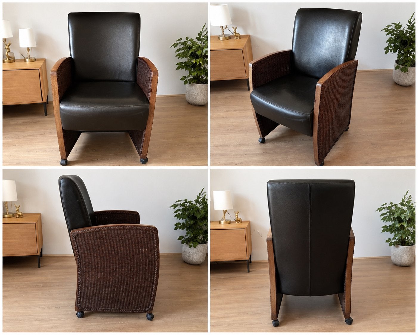 Set van 4 leren eetkamerstoelen met armleuningen en wieltjes, Ophalen, Gebruikt, Minder dan 75 cm, Leer