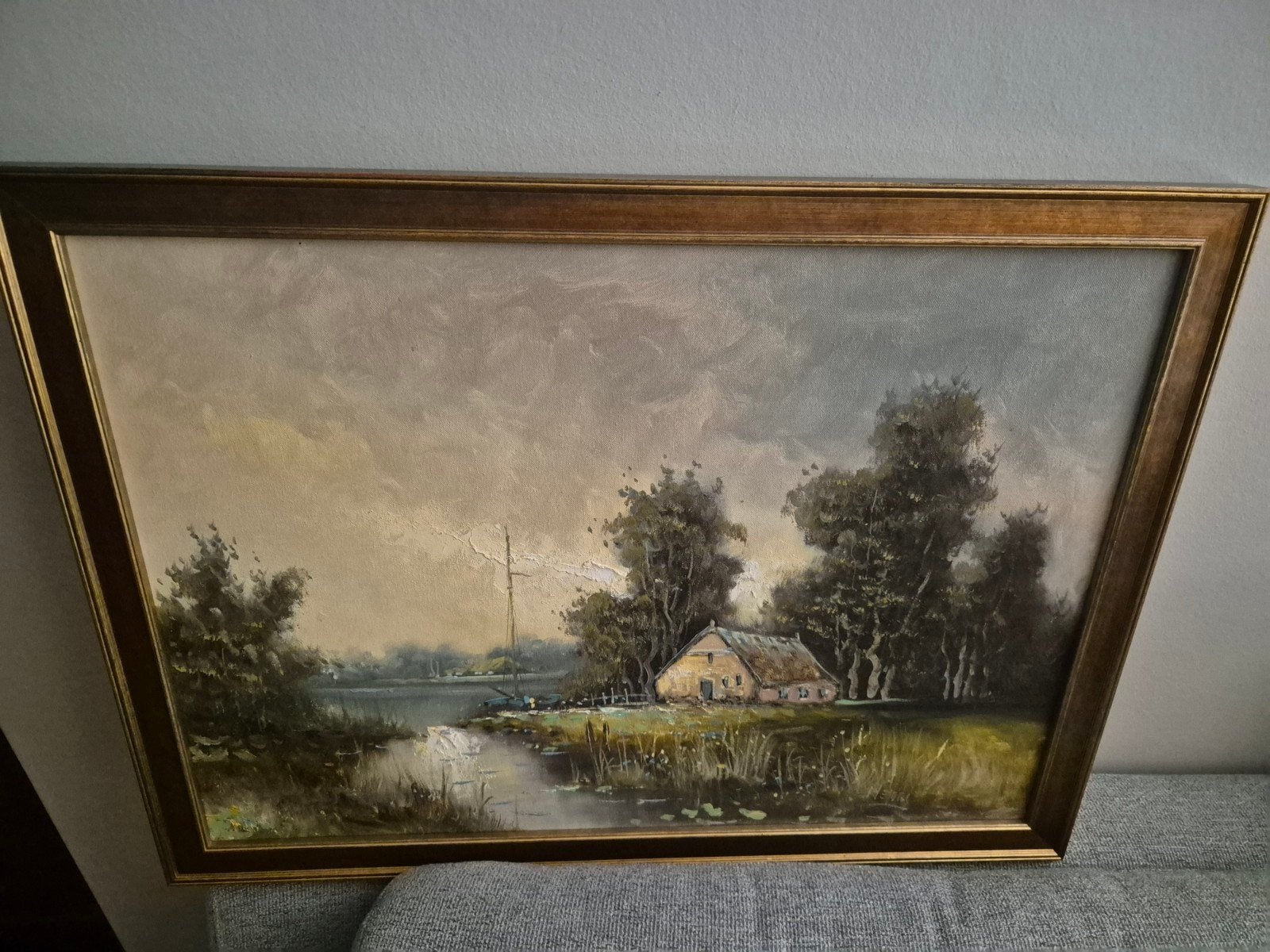 Schilderij Landschap met boerderij en water, Ophalen of Verzenden