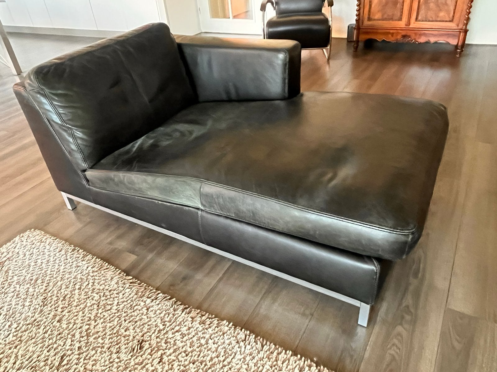 Zwarte Leren Chaise Longue / Bankje, Ophalen, Gebruikt, Eenpersoons, 150 tot 200 cm