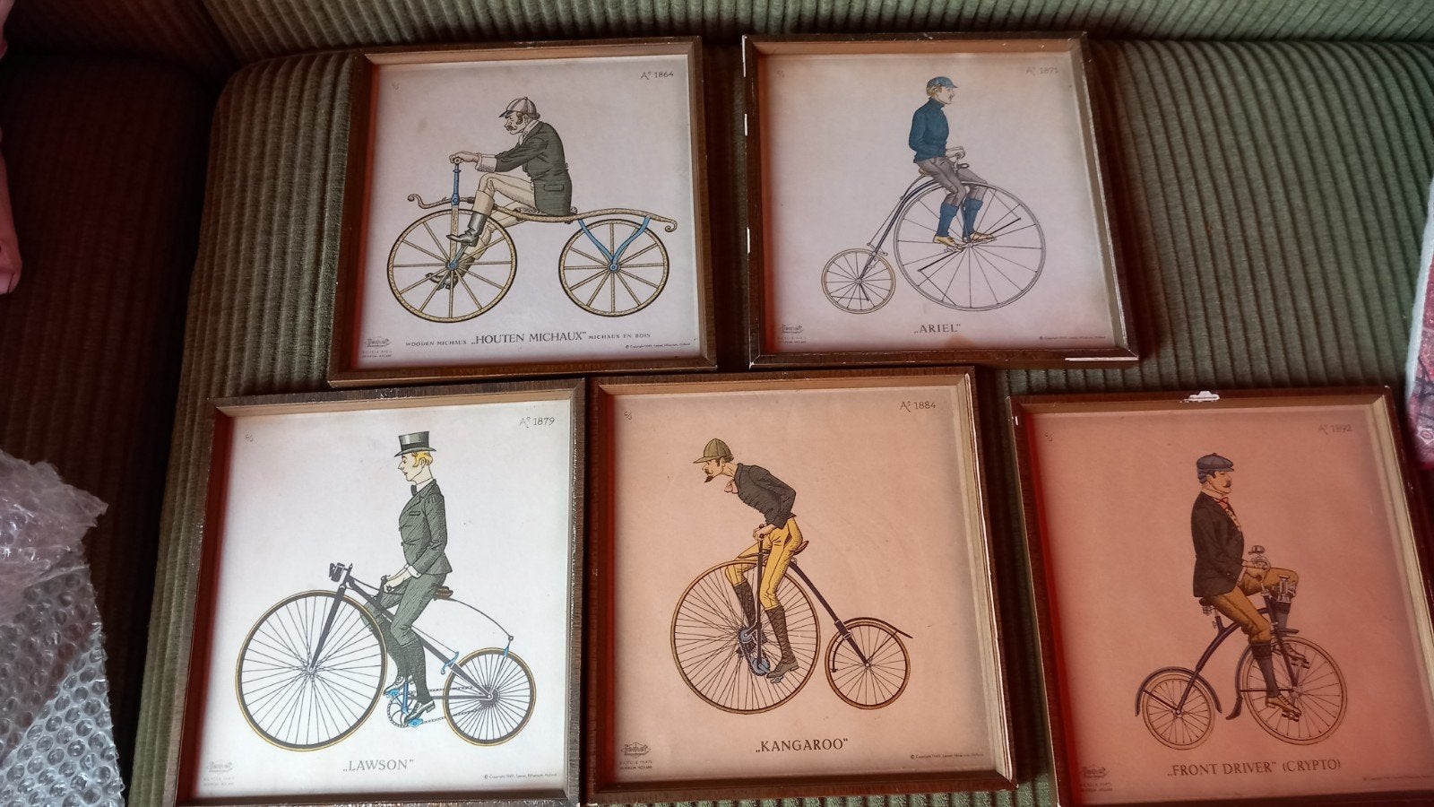 5 vintage reclameprenten Lemet Bicycle parts Hilversum, Gebruikt, Met lijst, A4 of kleiner, Vierkant