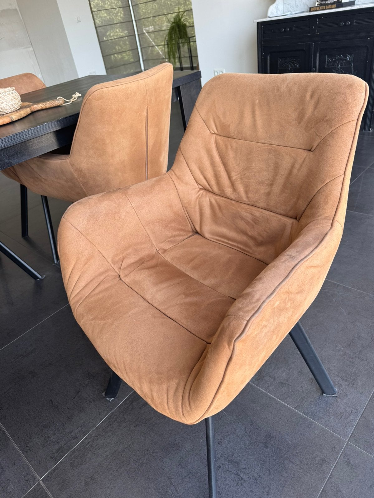 4 eetkamerstoelen cognac, Ophalen, Bruin, Zo goed als nieuw, Vier