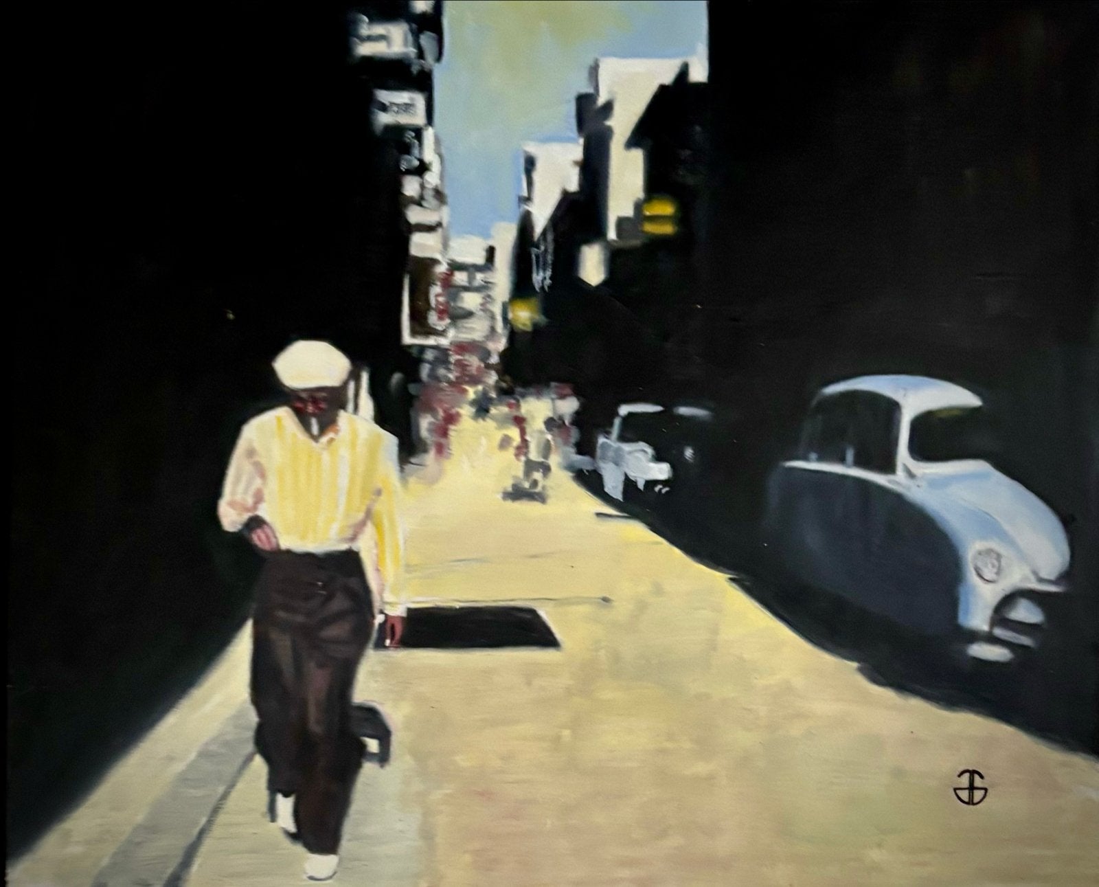 Gerard Jouannet 1953 - Straatbeeld met figuur en auto, Figuren, Ophalen of Verzenden, Textiel, Gesigneerd