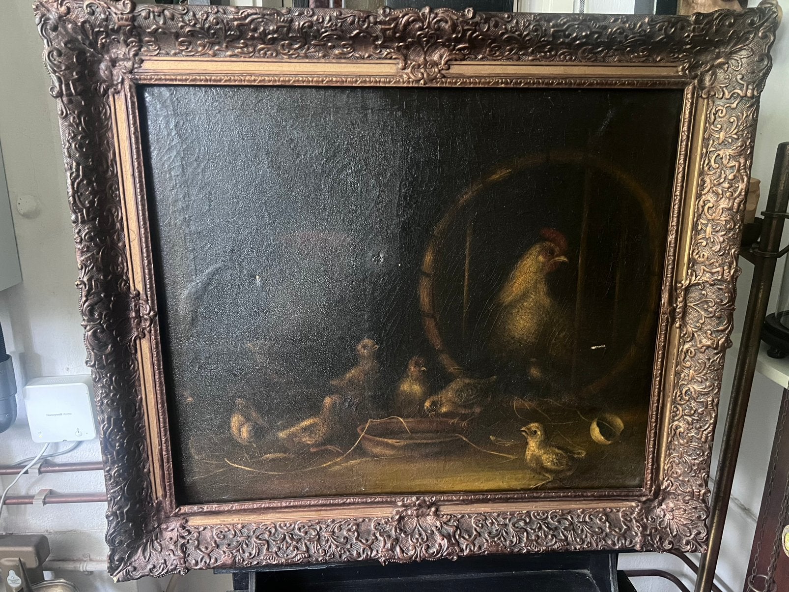 Oud Hollands Schilderij: Kip met Kuikens in Kooi, Ophalen, Doek, Oud hollands, Dieren