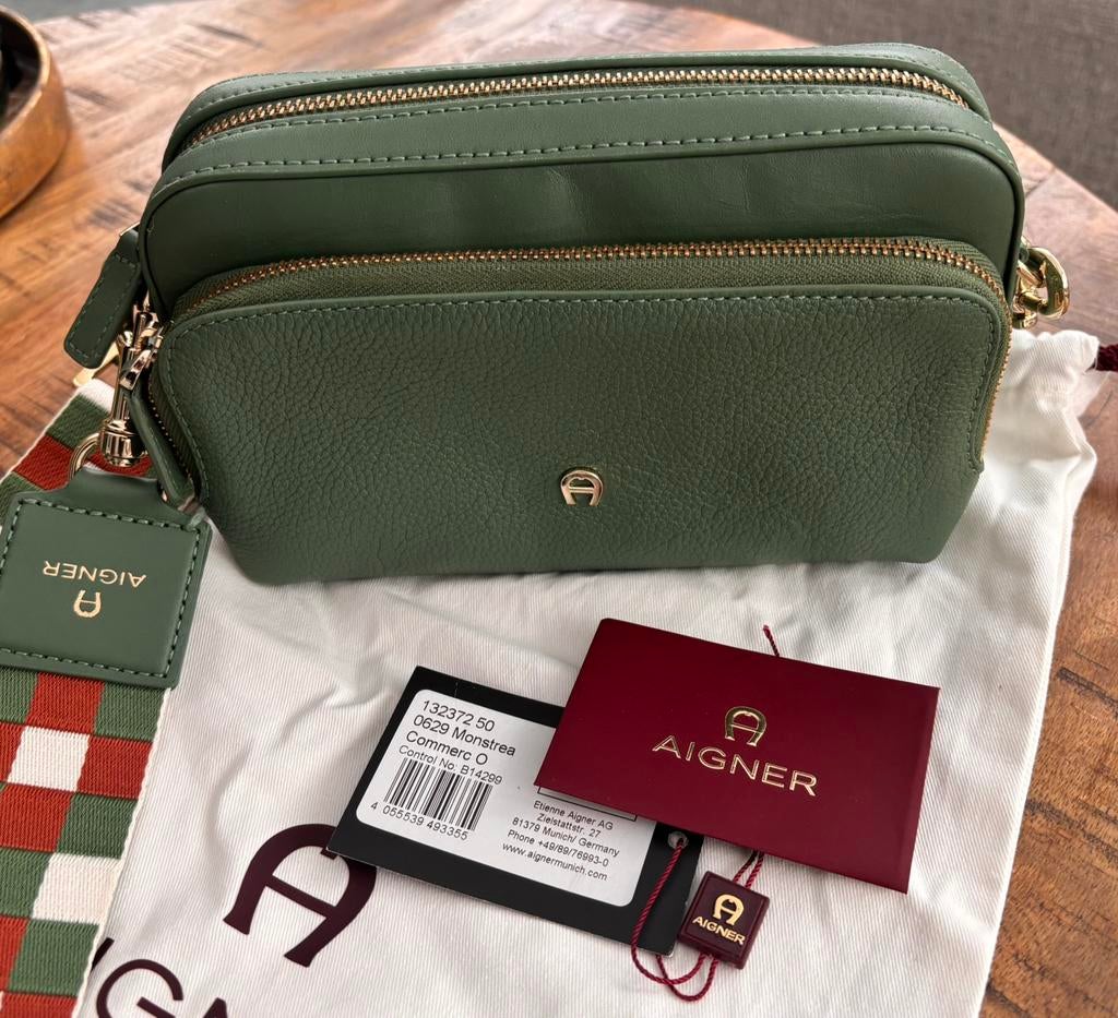 Aigner schouder- crossbody tas met verstelbare schouderband, Ophalen of Verzenden, Zo goed als nieuw, Groen, Schoudertasje