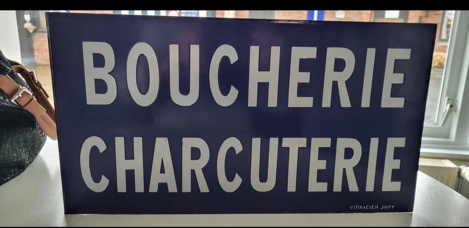 Oud dubbelzijdig emaille bord BOUCHERIE - CHARCUTERIE, Ophalen of Verzenden