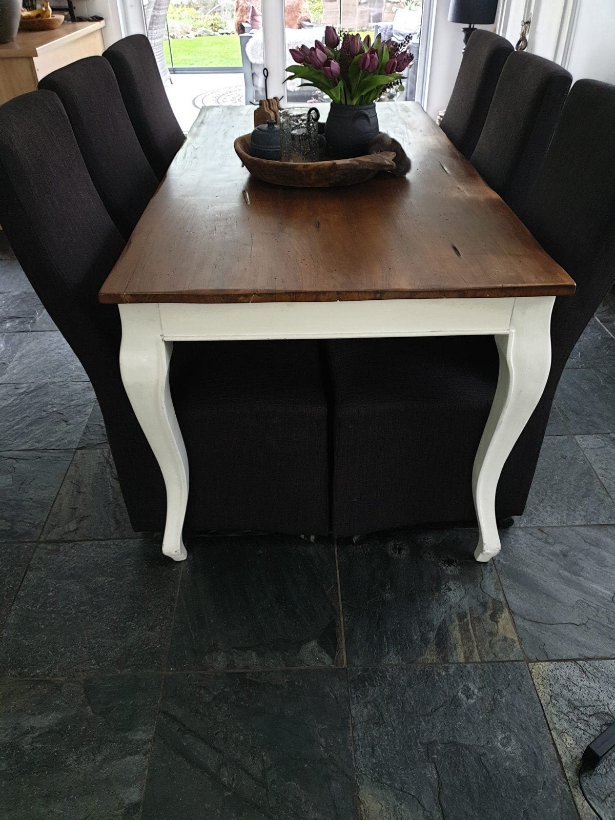 Jasmijn eettafel met 6 stoelen, salontafel en tv-kast, Ophalen, Gebruikt, 100 tot 150 cm, Landelijk