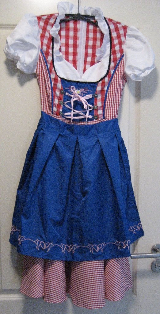 Traditionele Dirndl Jurk - Rood, Wit & Blauw, Kleding | Dames, Jurken, Zo goed als nieuw, Maat 38/40 (M), Rood, Knielengte, Ophalen of Verzenden