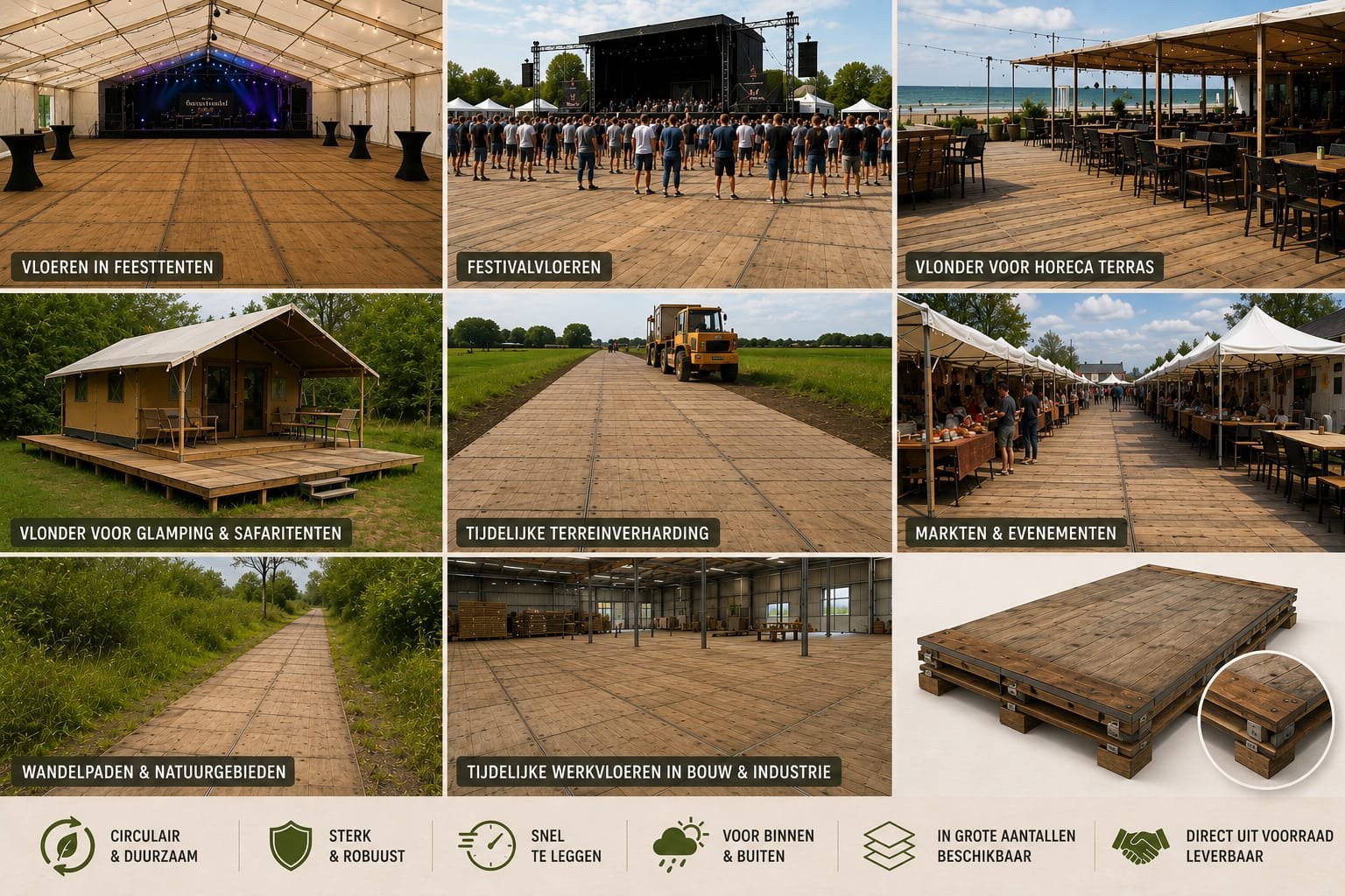 Steenschotten – robuuste houten platen – evenementenvloer, Tuin en Terras, Ophalen, Hout