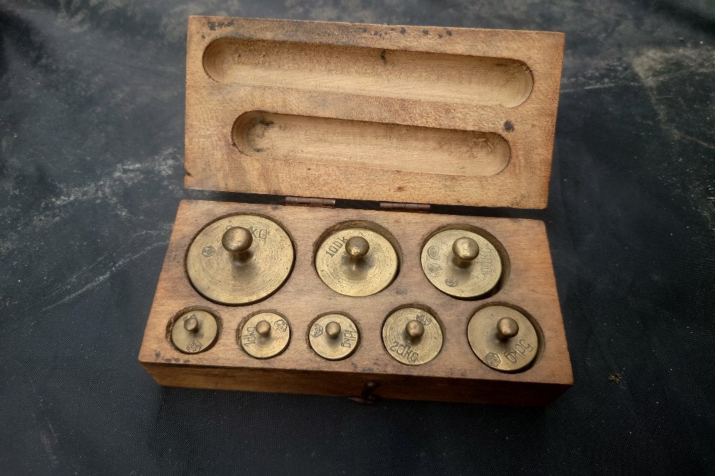 antiek gewicht-set ~1900 met bronzen gewichten, Ophalen of Verzenden