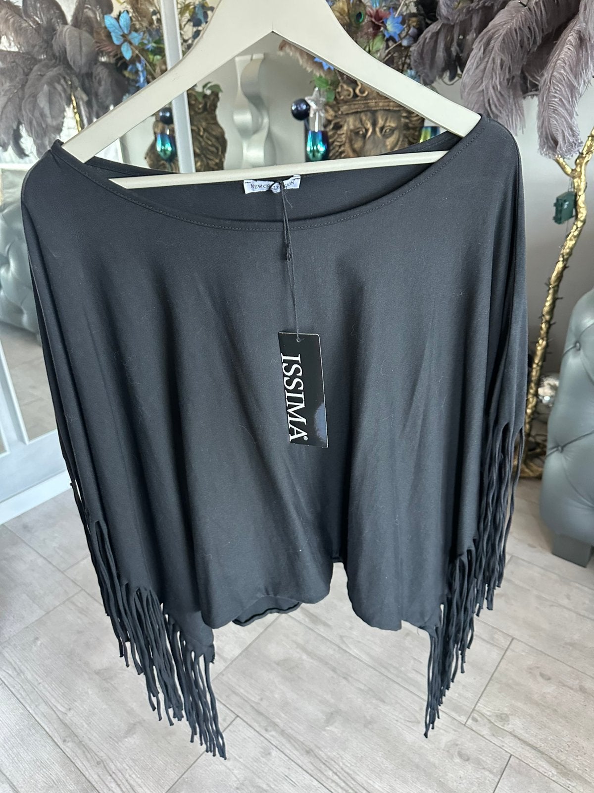 Zwarte off shoulder top met franjes , one size , nieuw, Zwart, Maat 42/44 (L), Nieuw, Ophalen of Verzenden
