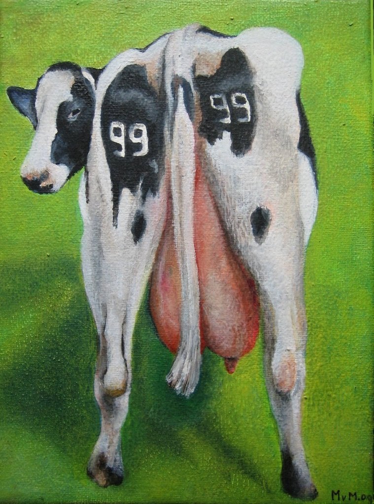 schilderij Koe en Giraffe 18x24cm, Ophalen of Verzenden