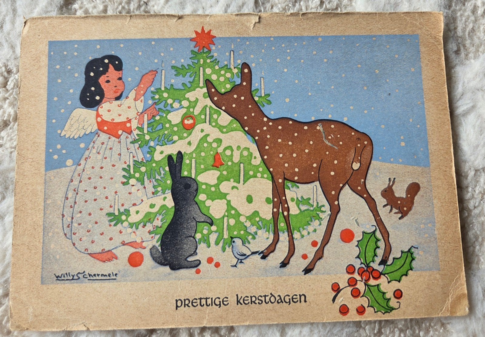 Kerstkaart Willy Schermelé - Engel, hert en konijn, Verzenden, 1940 tot 1960, Gelopen, Feest(dag)