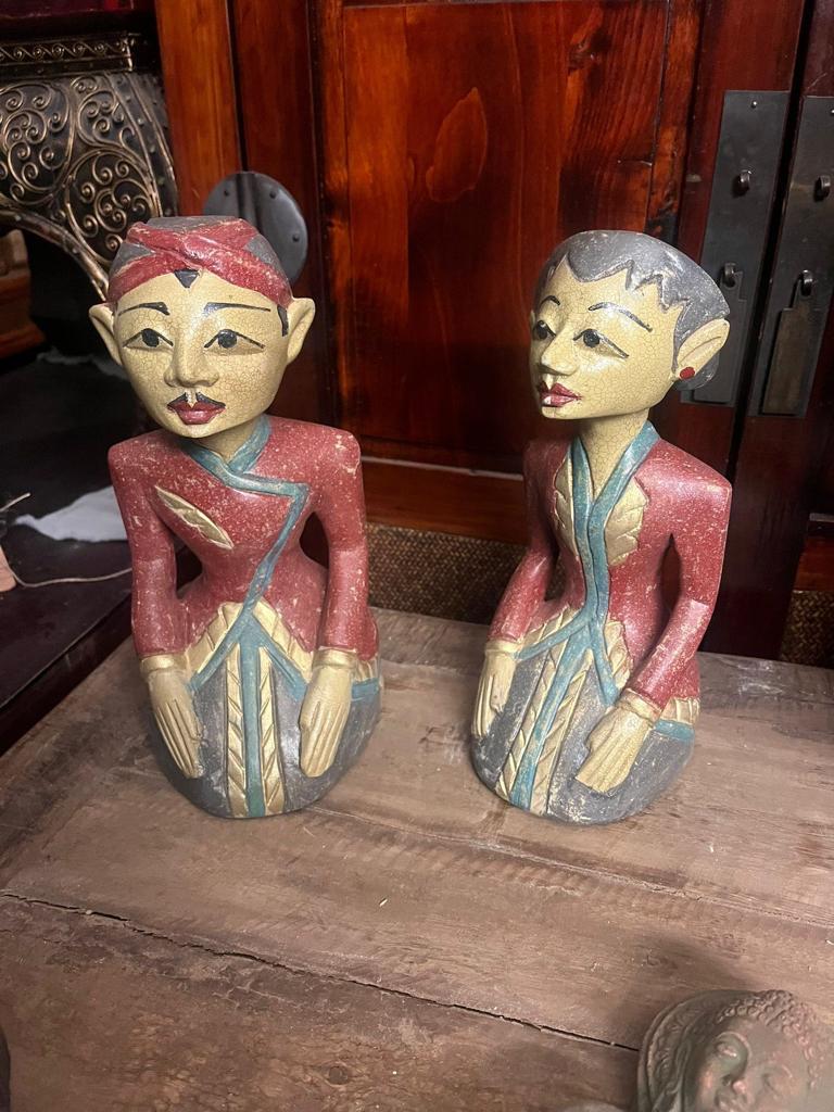 Javaans houtsnijwerk echtpaar Indonesie Loro Blonyo rood set, Ophalen of Verzenden
