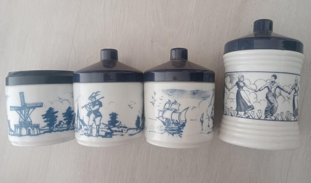 Vintage opaline melkglazen voorraadpotten Delfts blauw, Ophalen of Verzenden