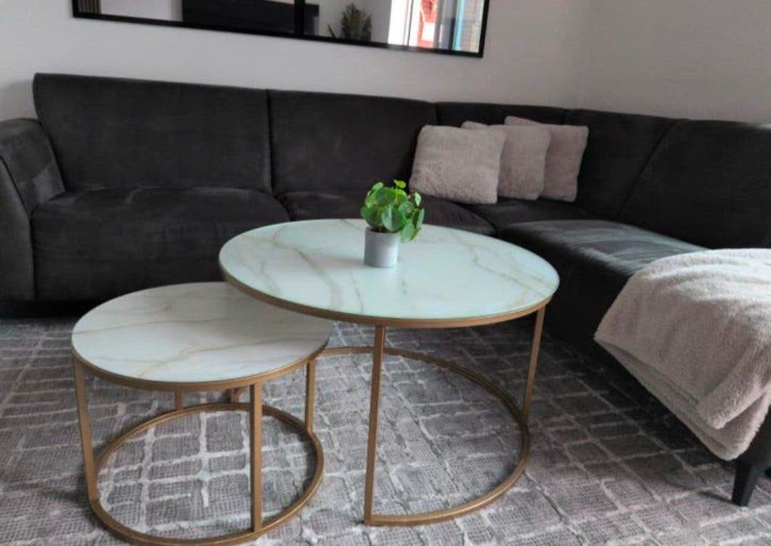 Salontafel set met glas en goudkleurige poten, Ophalen, 50 tot 100 cm, 50 tot 100 cm, Zo goed als nieuw
