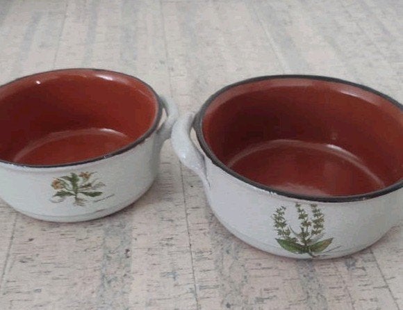 Vintage 2 Terracotta Ovenschalen met Kruiden Afbeelding, Ophalen of Verzenden