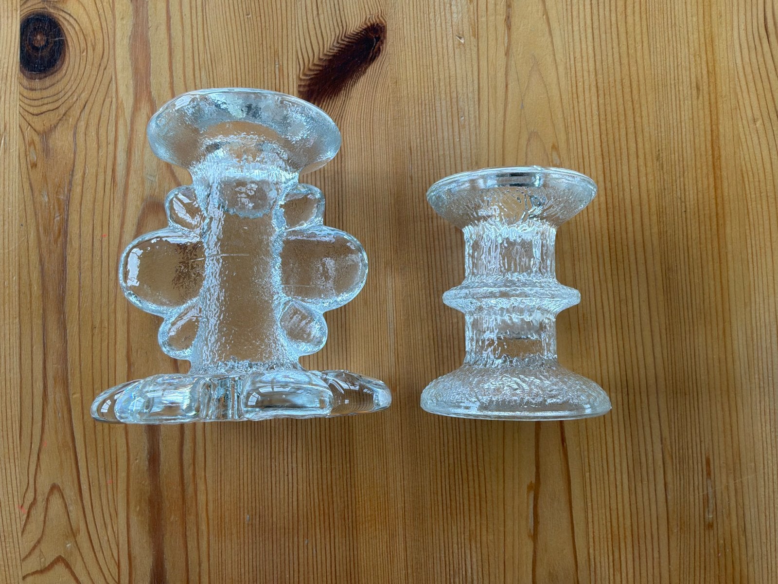 Vintage Pukeberg Zweden Glazen Kandelaars Set, Gebruikt, Overige merken, Ophalen of Verzenden, Glas