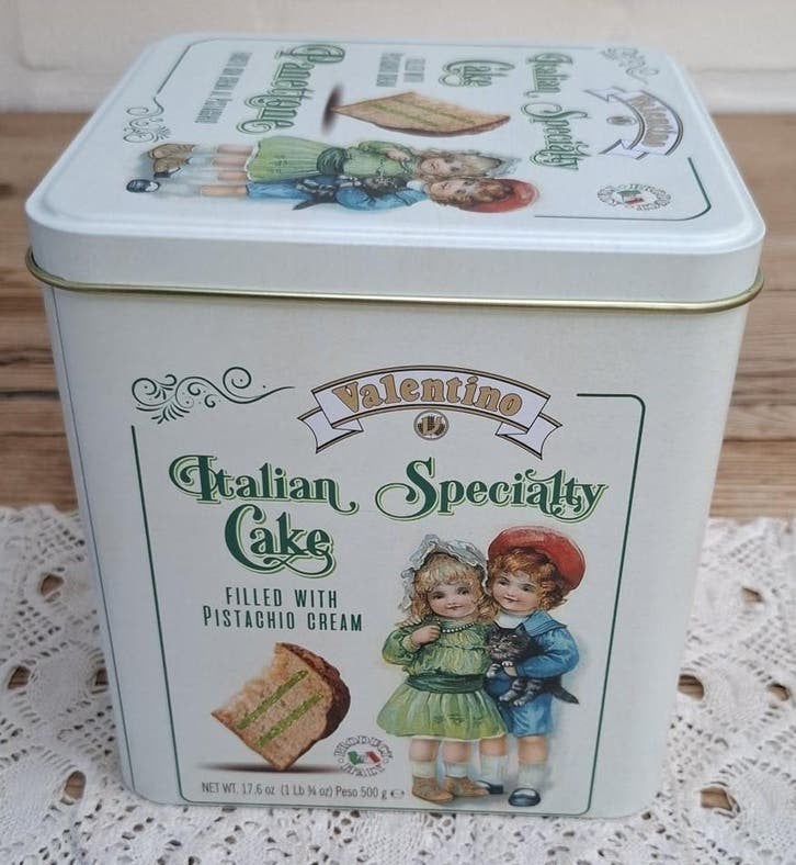 Italiaans Valentino Panettone blik met kinderen en poes, Ophalen of Verzenden, Gebruikt, Overige, Overige merken