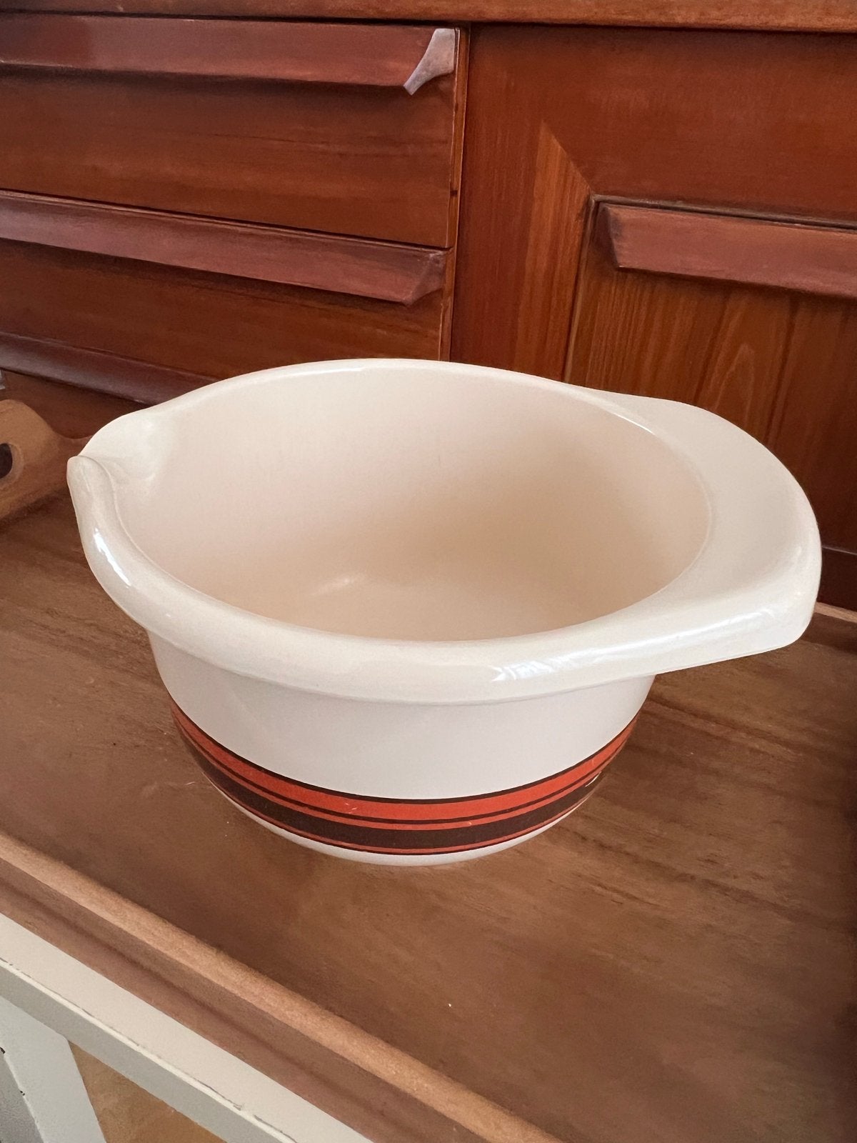 Vintage Emsa beslagkom crème met oranje/bruine strepen, Ophalen of Verzenden