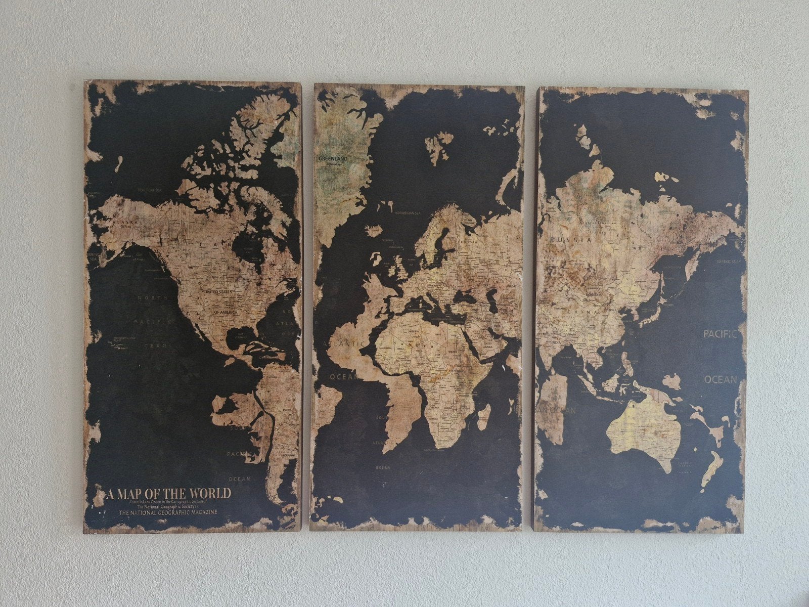 Wereldkaart wanddecoratie 3 luik, Gebruikt, Hout, Ophalen of Verzenden, Wandbord of Wandpaneel