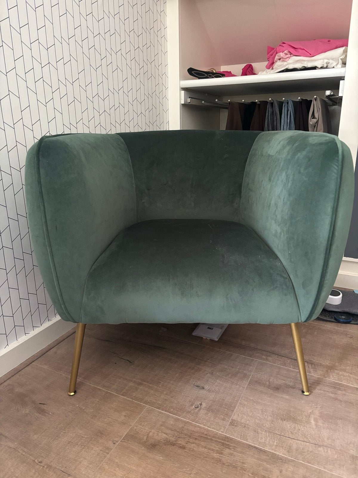 WOOOD Scout Fauteuil Velvet Groen met Gouden Poten, Huis en Inrichting, Ophalen, Minder dan 75 cm, Zo goed als nieuw, 75 tot 100 cm