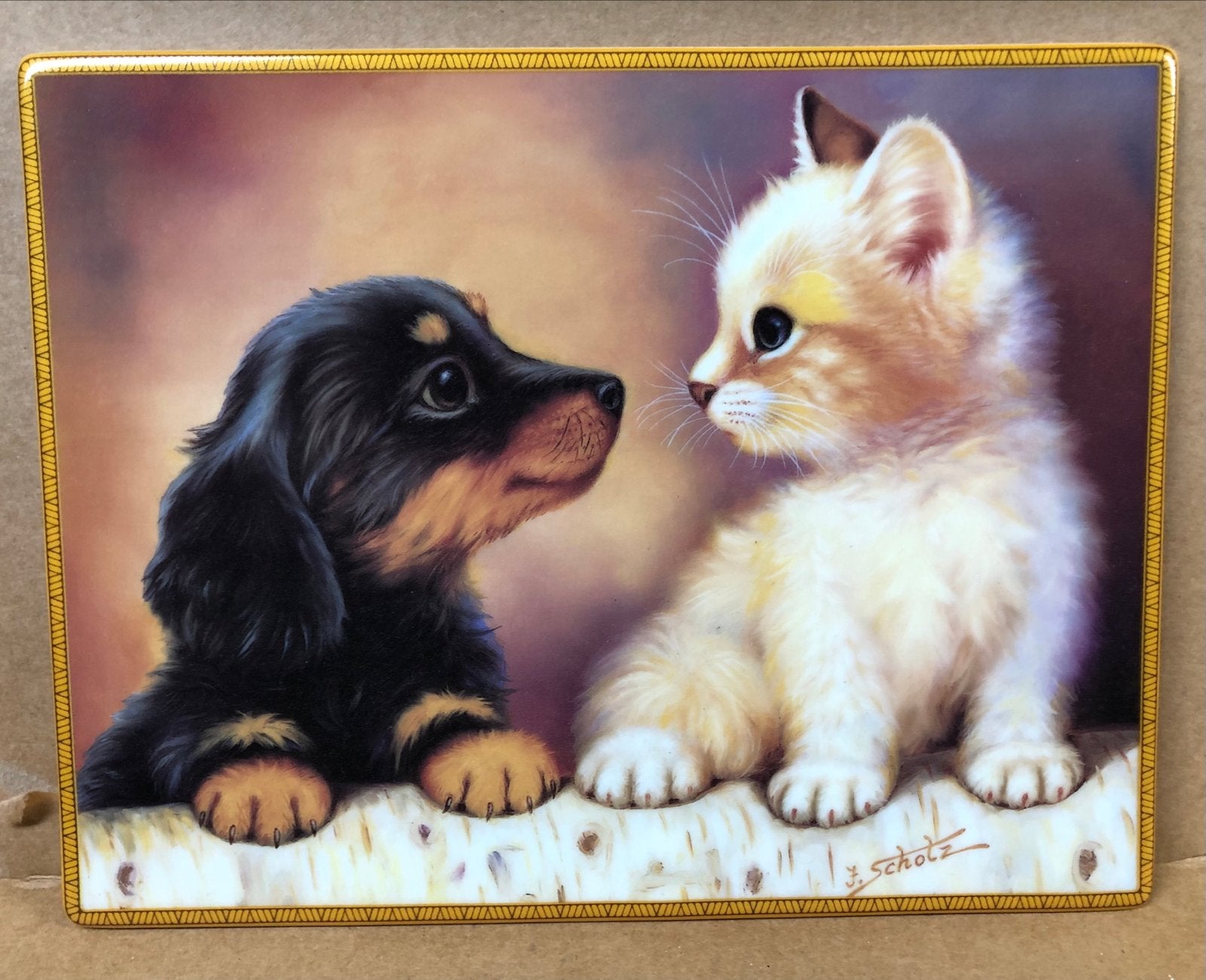 Wandplaatje Bradford Exchange Kat en Hond Porselein, Ophalen of Verzenden, Nieuw, Hond of Kat, Beeldje of Figuurtje